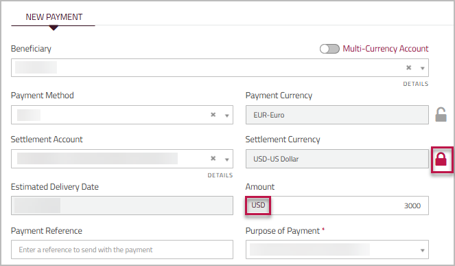 Make Payment page showing USD Settlement Currency locked