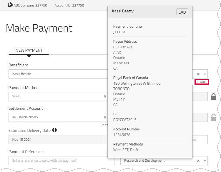 Beneficiary details disaplyed when you hover over the DETAILS label