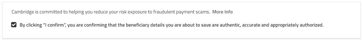 Beneficiary anti-fraud checkbox