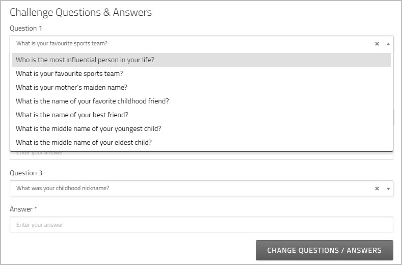 Challenge Questions & Answers section showing the list of available questions