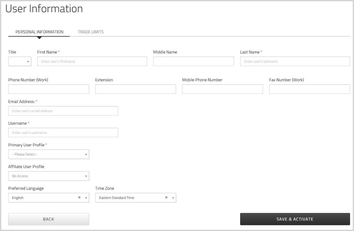 User Information page where you create the new user