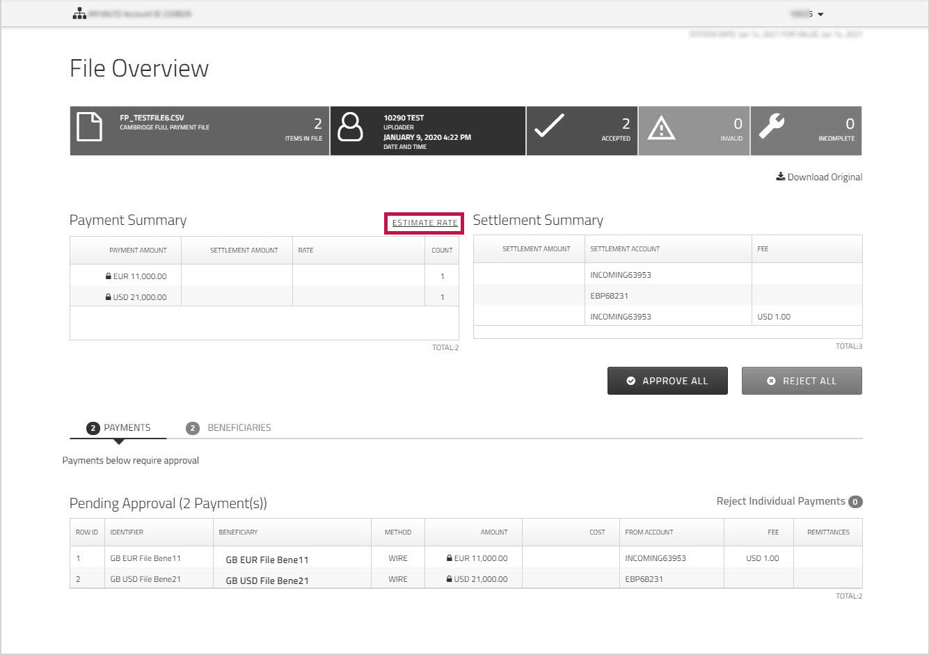 Payment File Estimate Rate