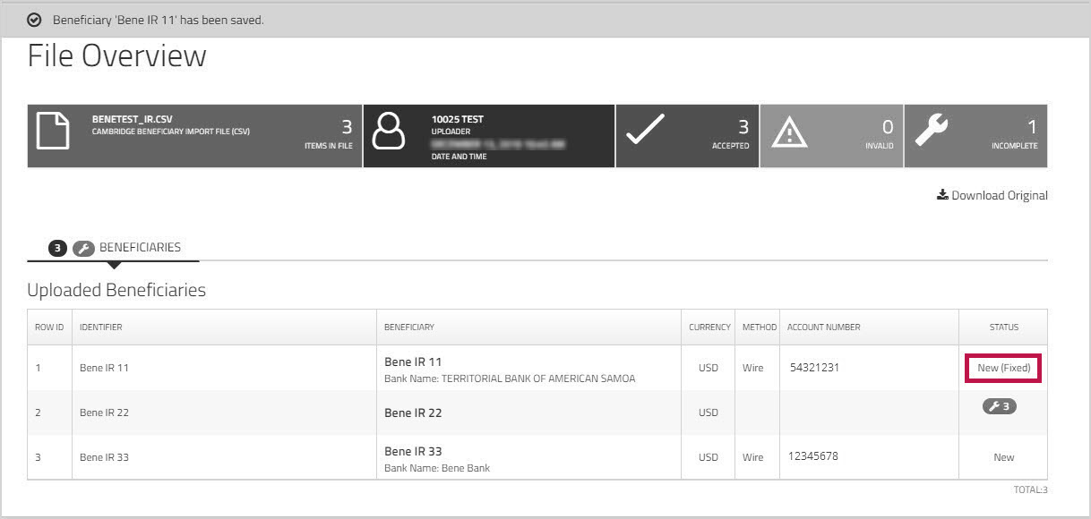New beneficiary completed