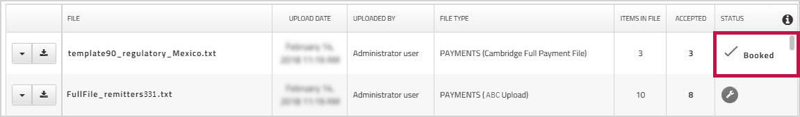 Upload Center showing payment file status Booked