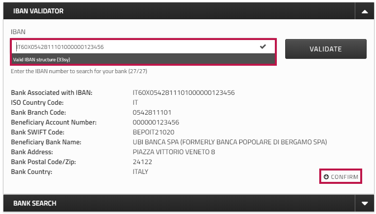 IBAN Validator showing a check beside the IBAN to indicate that it is valid