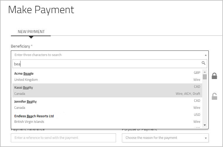 Beneficiary field showing search results after entering 3 characters