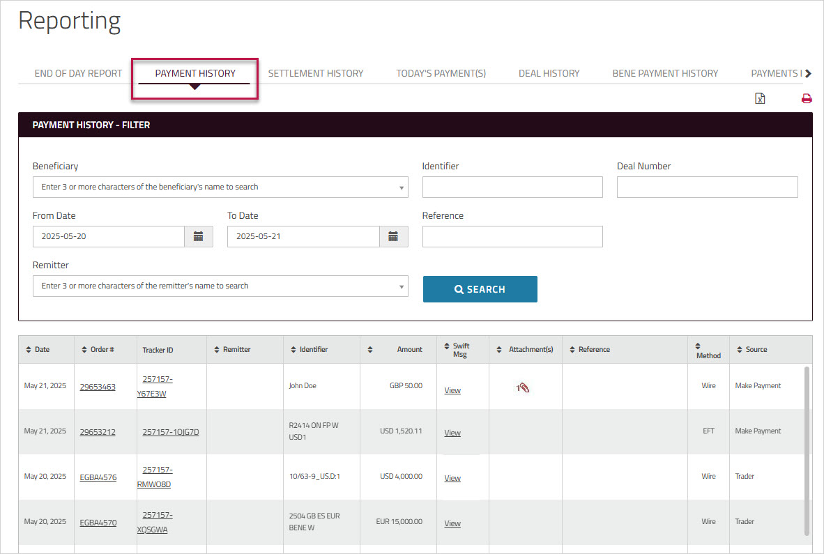 Payment History report including Tracker Id column