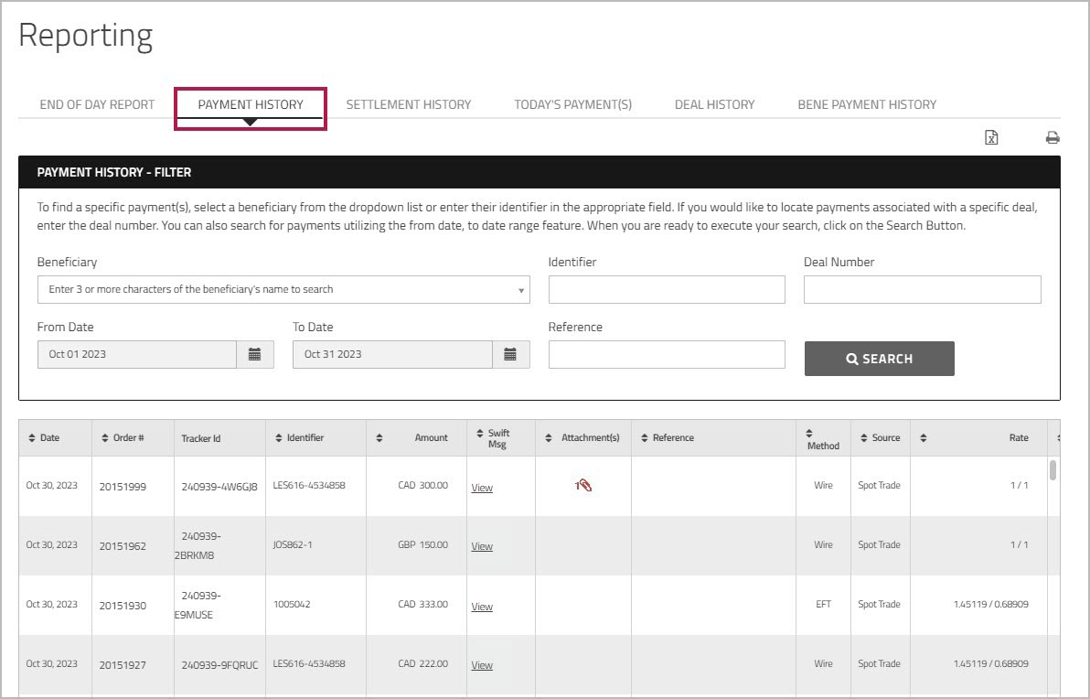 Payment History report including Tracker Id column