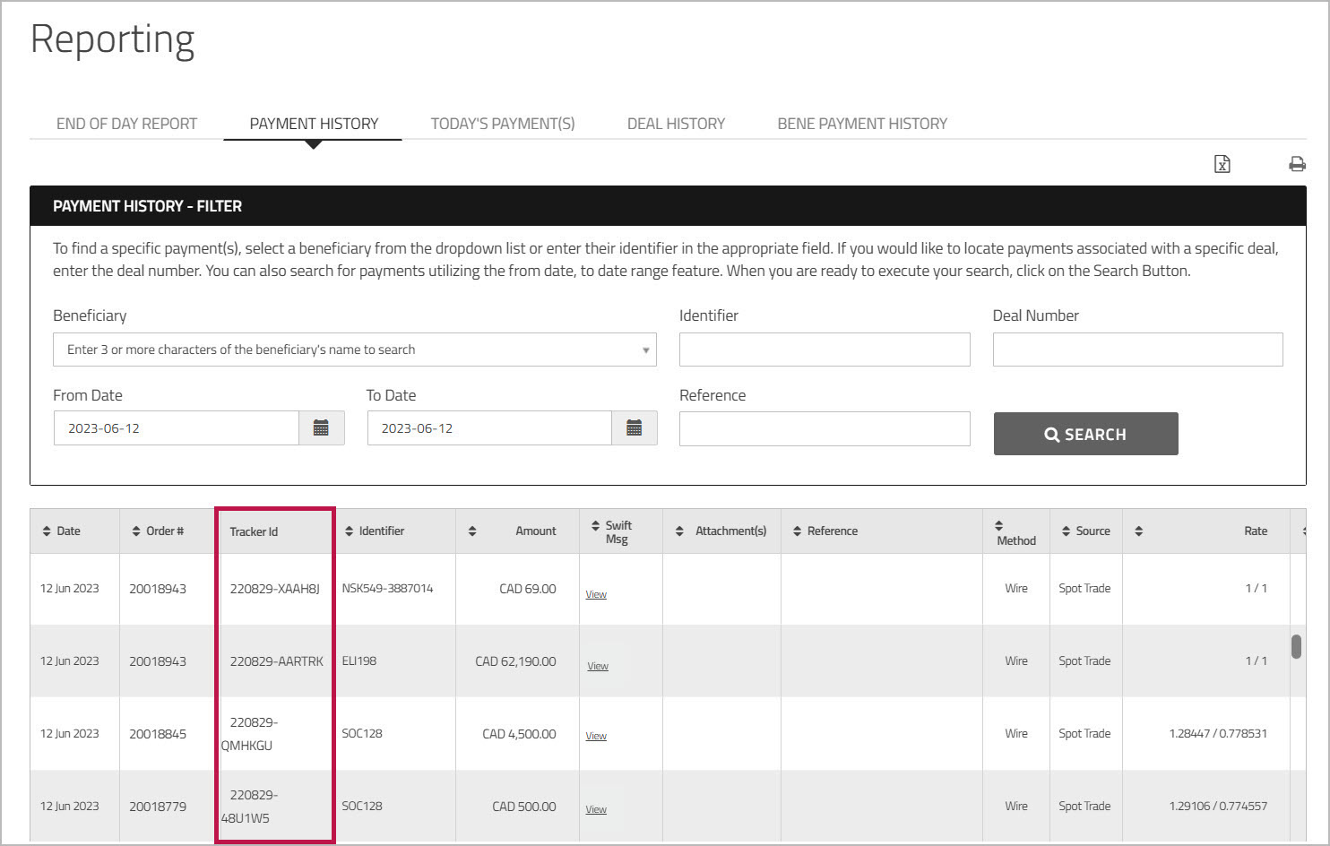 Payment History report with TrackerId column highlighted