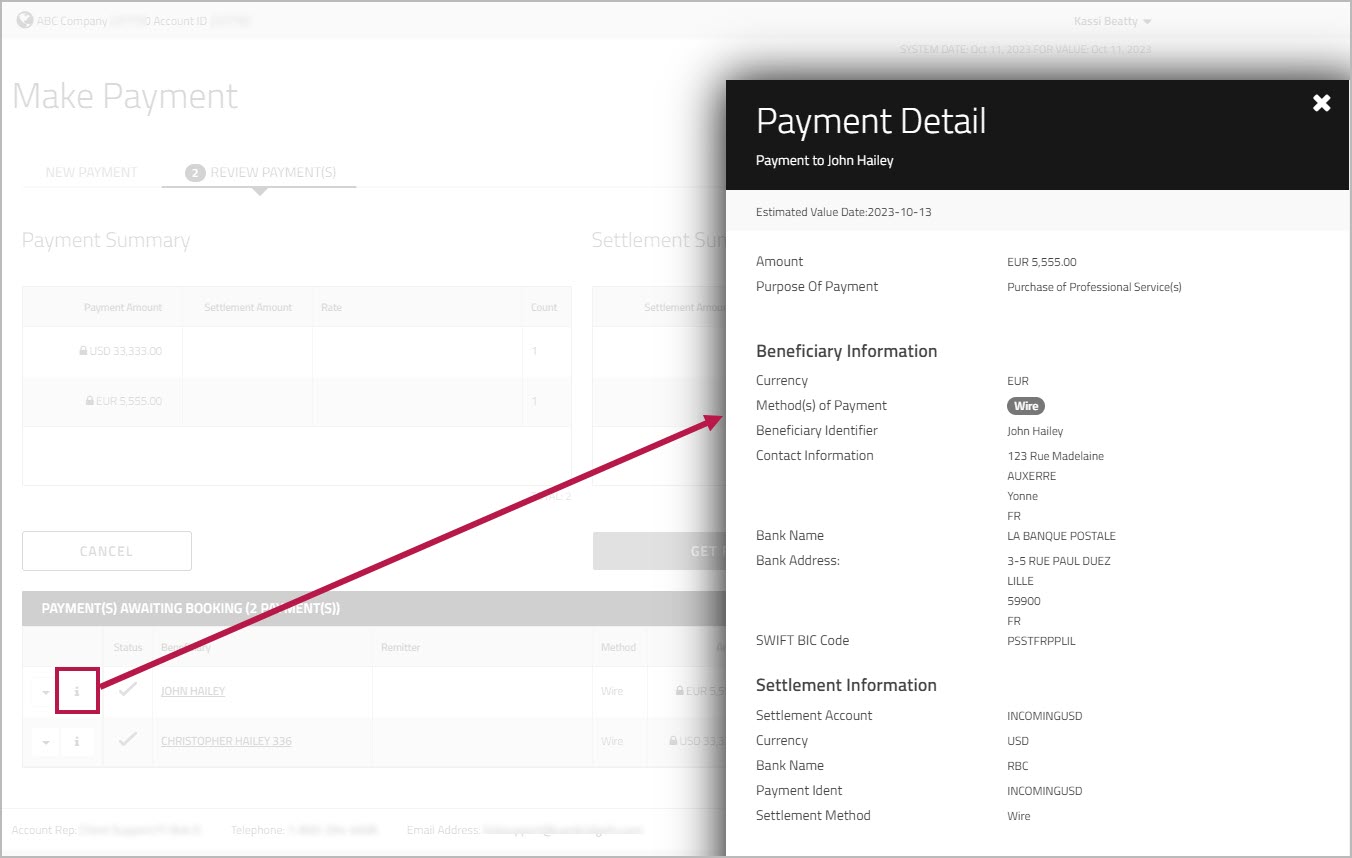 Payment Detail for selected payment including Beneficiary and Settlement Information