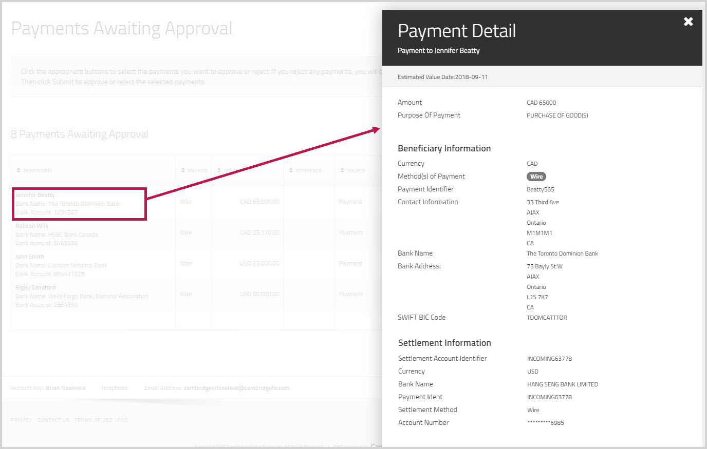 Payment details for payment awaiting approval