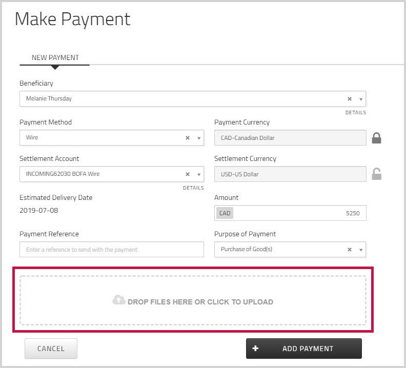 Attachments section of the Make Payment window
