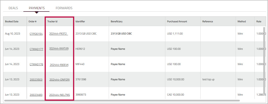 Payments grid Tracker Id