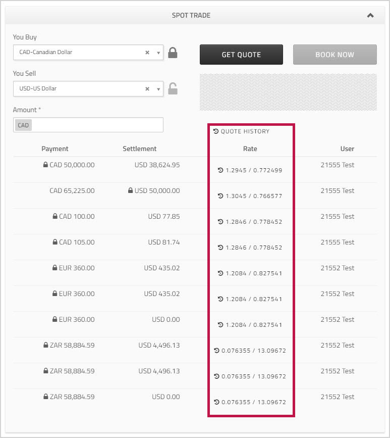 Spot Trade section showing Quote History