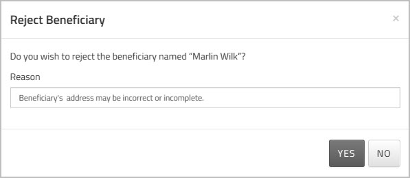 Reject Beneficiary confirmation dialog box