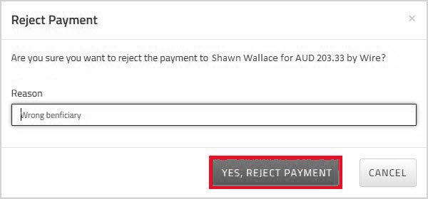 Reject Payment confirmation dialog