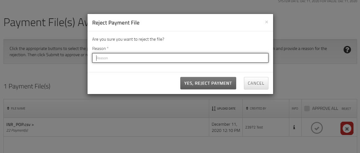 Reject Payment File dialog