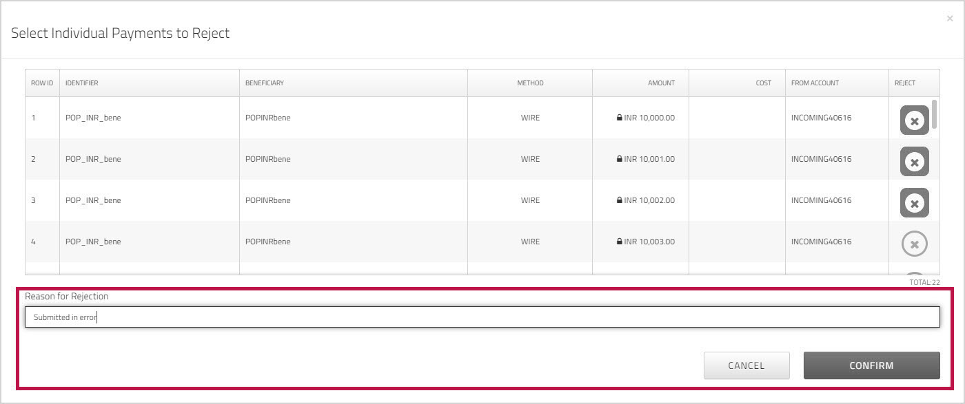 Select Individual Payments to Reject