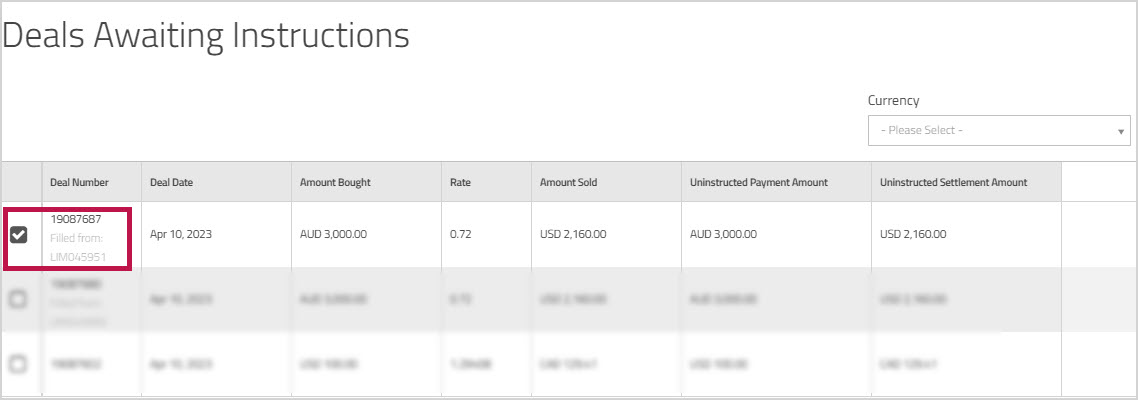 Deals Awaiting Instructions page showing deal filled from Spot Limit Order