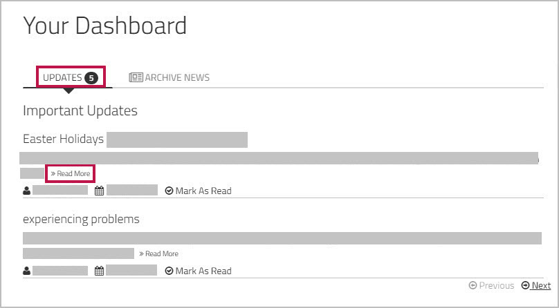 Messages section of the Dashboard