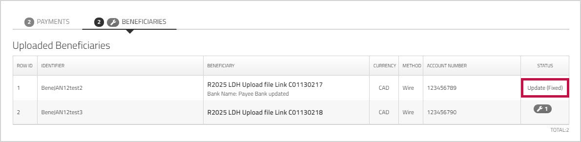 Beneficiary Upload Summary showing Fixed status