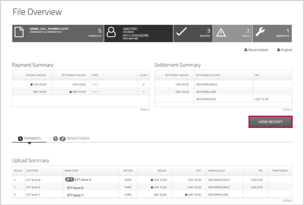 File Upload page with complete payments booked