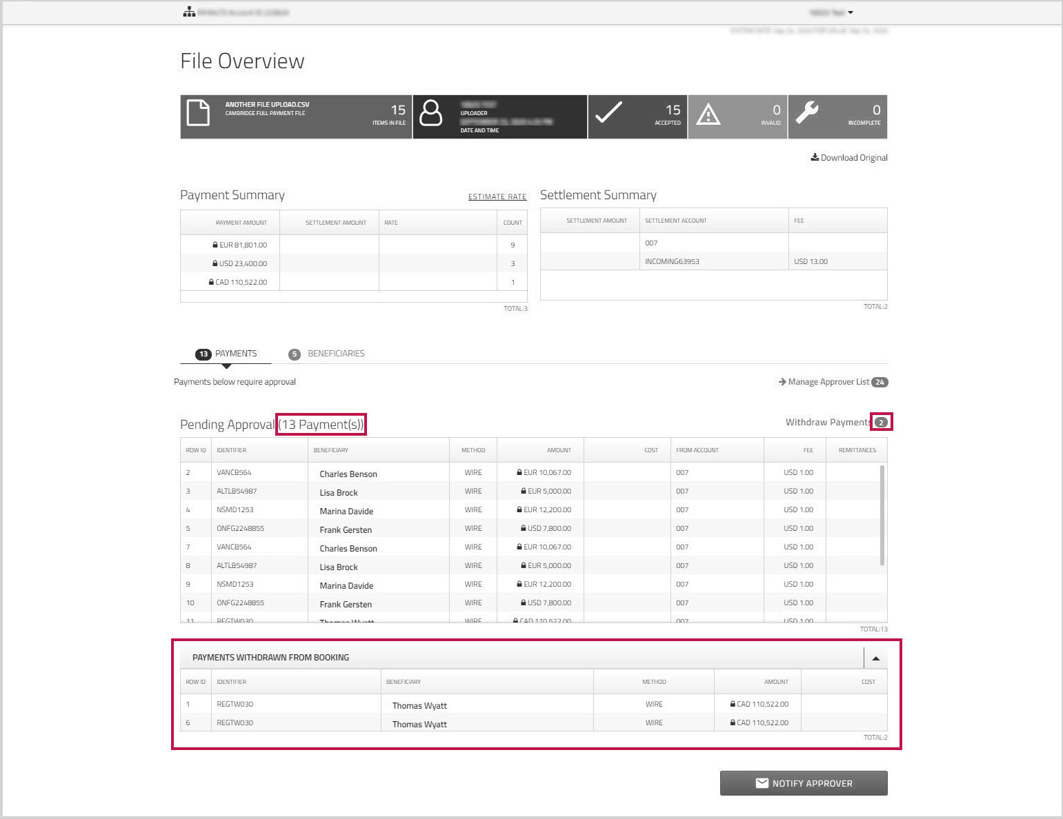 Payments withdrawn from booking