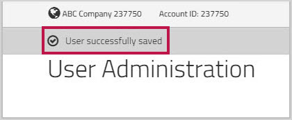 User Administration page displaying message that the user was created
