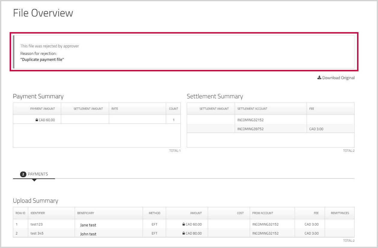 Rejected Payment File