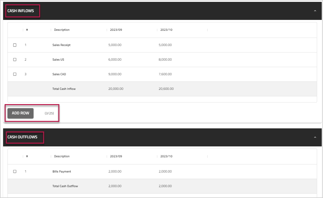 Cash Inflow and Outflow table